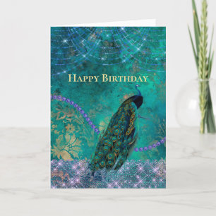 Vintage Green Purple Peacock Watercolor Birthday Card