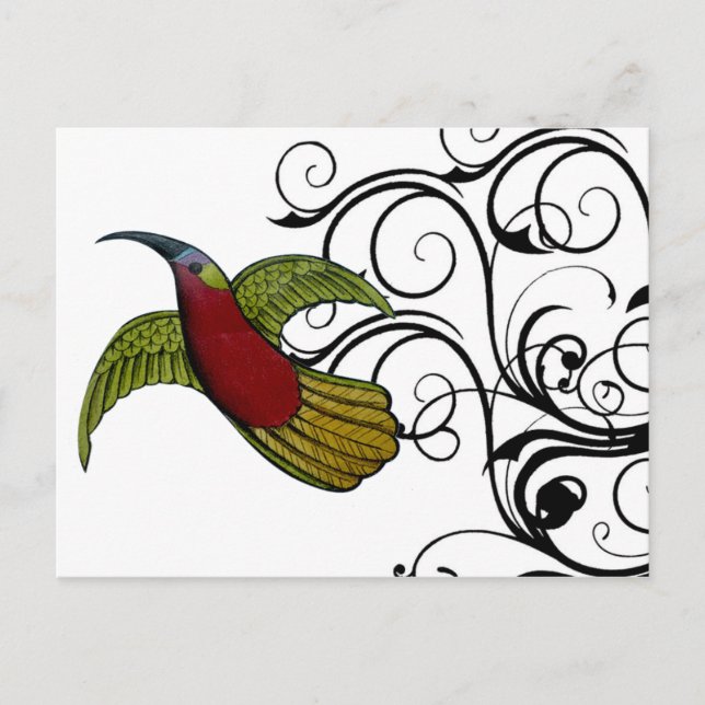 Vintage Green & Red Bird Postcard (Front)