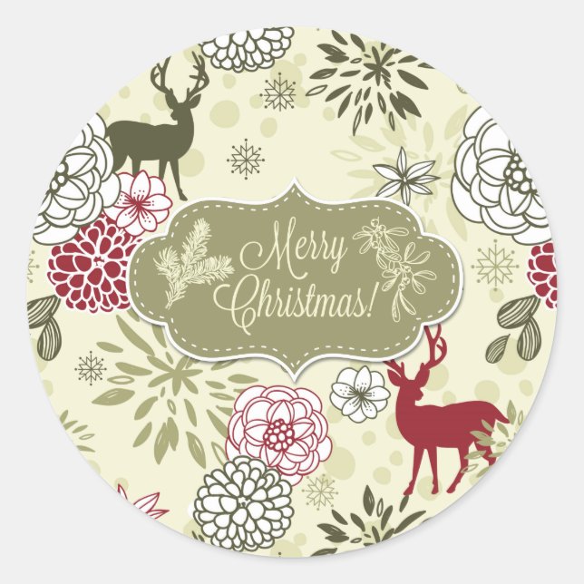 Vintage Green/Red Deer Holiday Sticker (Front)