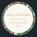 Vintage Green Red Floral Custom Merry Christmas Classic Round Sticker<br><div class="desc">Vintage Green Red Floral Muted Custom Merry Christmas From Classic Round Sticker</div>