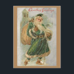 Vintage Green-Robed Father Christmas in Snow Postcard<br><div class="desc">Nostalgic and charming antique holiday illustration featuring green-robed Father Christmas carrying a bag of presents as he walks through the snow with boots and cane with church steeple in background and "Christmas Greetings" in red typography. Back features complementary ornate engraved ornamental gold frame with suggested greeting and editable text fields....</div>