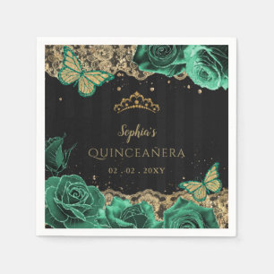 Vintage Green Roses Black Gold Lace Quinceañera Napkin