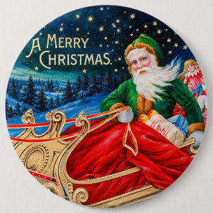 Vintage Green Santa Sleigh Starry Night Christmas 6 Cm Round Badge