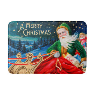 Vintage Green Santa Sleigh Starry Night Christmas Bath Mat