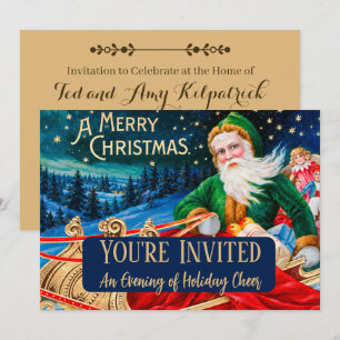 Vintage Green Santa Sleigh Starry Night Christmas Invitation