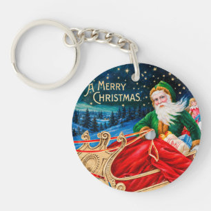 Vintage Green Santa Sleigh Starry Night Christmas Key Ring