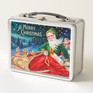 Vintage Green Santa Sleigh Starry Night Christmas Metal Lunch Box