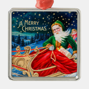 Vintage Green Santa Sleigh Starry Night Christmas Metal Tree Decoration