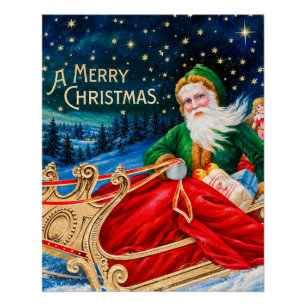 Vintage Green Santa Sleigh Starry Night Christmas Poster