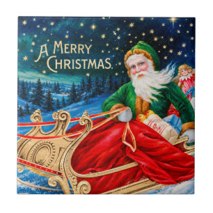 Vintage Green Santa Sleigh Starry Night Christmas Tile