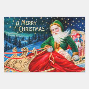 Vintage Green Santa Sleigh Starry Night Christmas Wrapping Paper Sheet