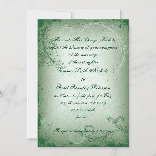 Vintage green scroll leaf wedding invite (Front)