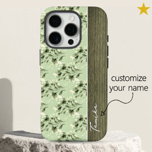 Vintage Green Spring Flowers Wood Custom Name  iPhone 16 Pro Case