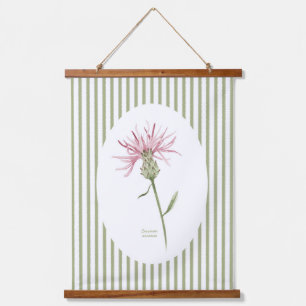 Vintage Green Stripes and Watercolor Wildflower Hanging Tapestry