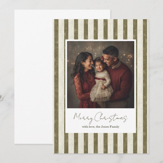 Vintage Green Stripes Christmas Card - 1 photo (Front/Back)