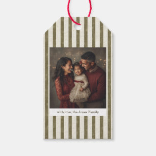 Vintage Green Stripes Christmas Photo Gift Tag