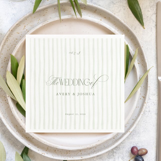 Vintage Green Stripes Timeless Luxe Script Wedding Napkin (Creator Uploaded)