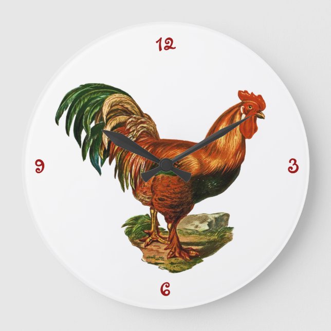 Vintage Green Tail Feathers Rooster Cockerel Large Clock (Front)
