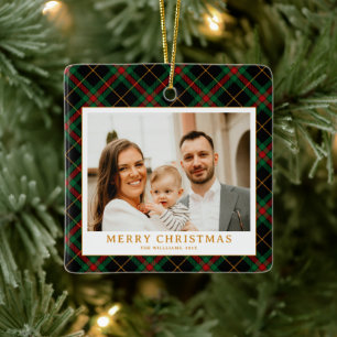 Vintage Green Tartan Plaid Photo Christmas Ceramic Ornament