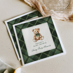 Vintage Green Tartan Teddy Bear Baby Shower Napkin