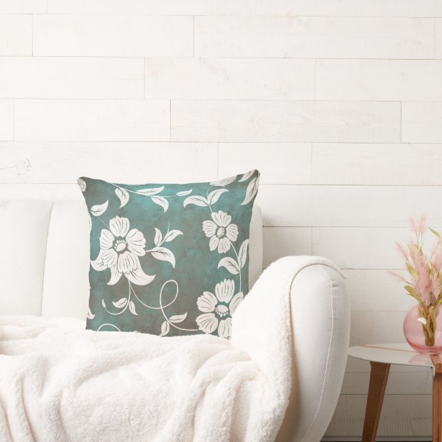 Vintage Green Teal Cream Flowers Cushion (Couch)