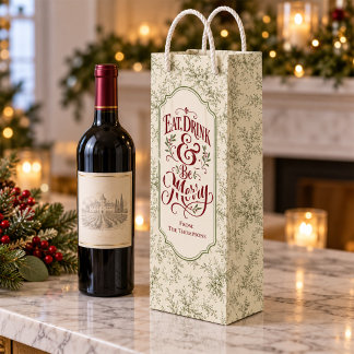 Vintage Green Toile Christmas Personalised Wine Gift Bag