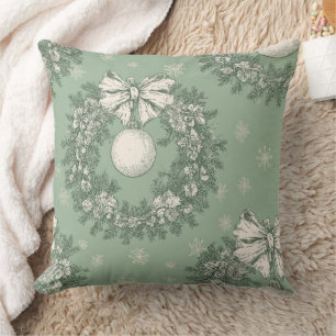 Vintage Green Toile Christmas Wreath (1) Cushion