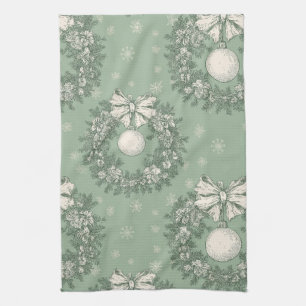 Vintage Green Toile Christmas Wreath (1) Tea Towel