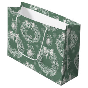 Vintage Green Toile Christmas Wreath (2) Large Gift Bag