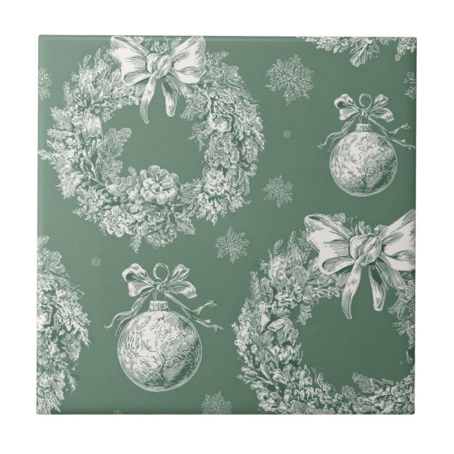 Vintage Green Toile Christmas Wreath (2) Tile (Front)