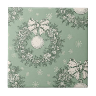 Vintage Green Toile Christmas Wreath Tile
