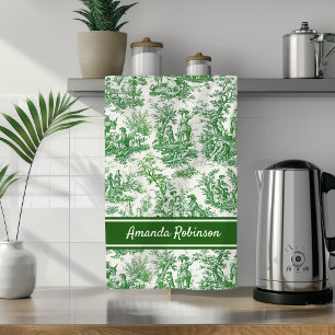Vintage green toile de jouy printed tea towel