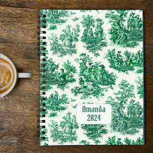 Vintage Green Toile Jouy Floral Monogram Planner