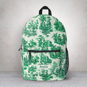 Vintage Green Toile Jouy Floral Monogram Printed Backpack