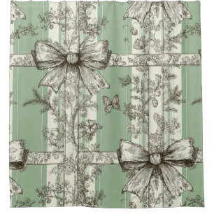 Vintage Green Toile Ribbon Shower Curtain