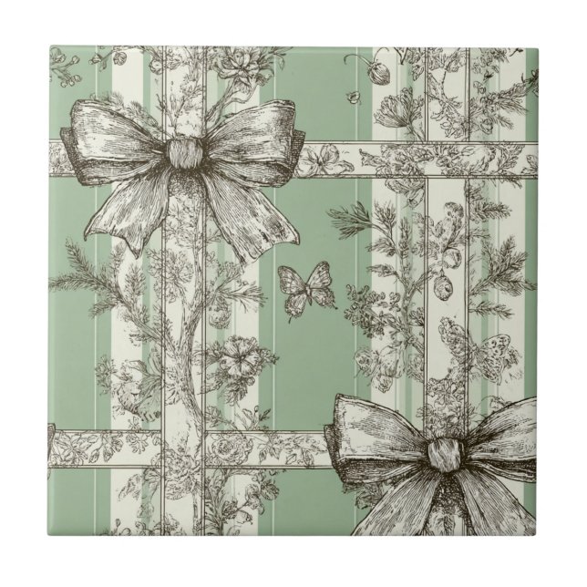 Vintage Green Toile Ribbon Tile (Front)