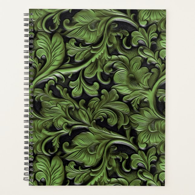 Vintage green tooled leather  planner (Front)