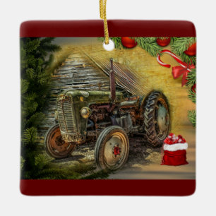 Vintage Green Tractor Barn Christmas Ceramic Ornament
