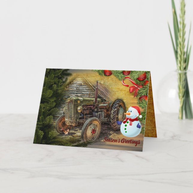 Vintage Green Tractor Barn Christmas Holiday Card (Front)