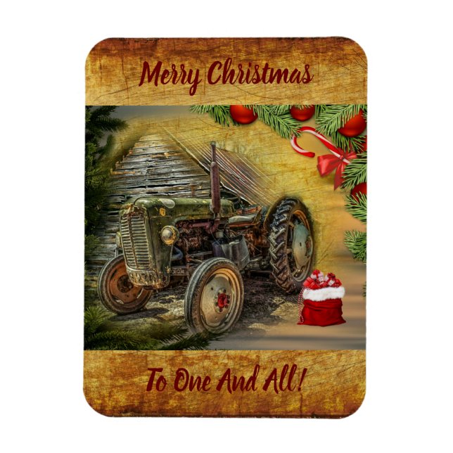 Vintage Green Tractor Barn Christmas Magnet (Vertical)
