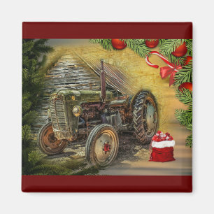 Vintage Green Tractor Barn Christmas Magnet