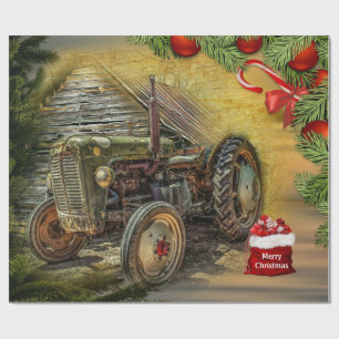 Vintage Green Tractor Barn Christmas Wrapping Paper