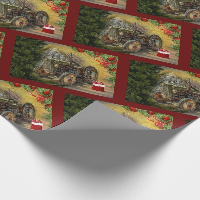 Vintage Green Tractor Barn Christmas Wrapping Paper (Corner)