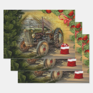 Vintage Green Tractor Barn Christmas Wrapping Paper Sheet