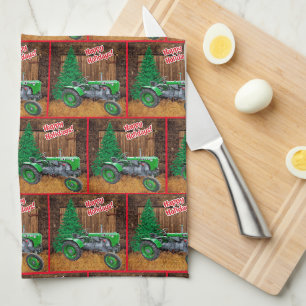 Vintage Green Tractor By Barn Christmas Tea Towel