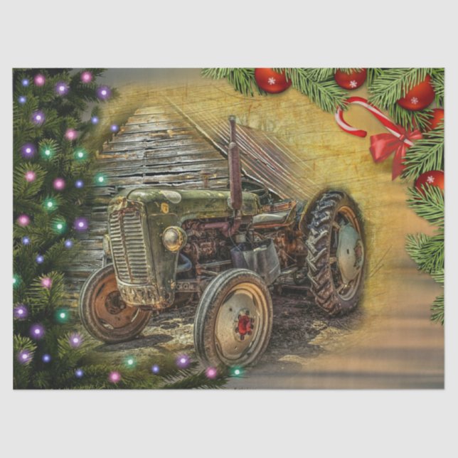 Vintage Green Tractor Christmas Tissue Paper (Front)