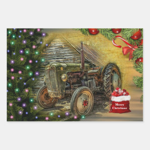 Vintage Green Tractor Christmas Wrapping Paper Sheet