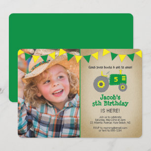 Vintage Green Tractor Photo Birthday Party Invitation