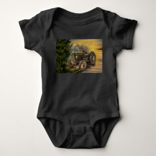 Vintage Green Tractor Rustic Old Barn Baby Bodysuit