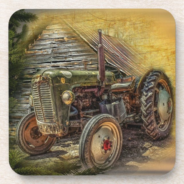 Vintage Green Tractor Rustic Old Barn Coaster (Front)